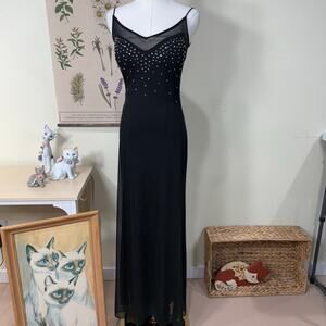 Vintage 90s Y2k Tadashi Mesh Rhinestone Dress Old Money Glam Formal Black Tie S